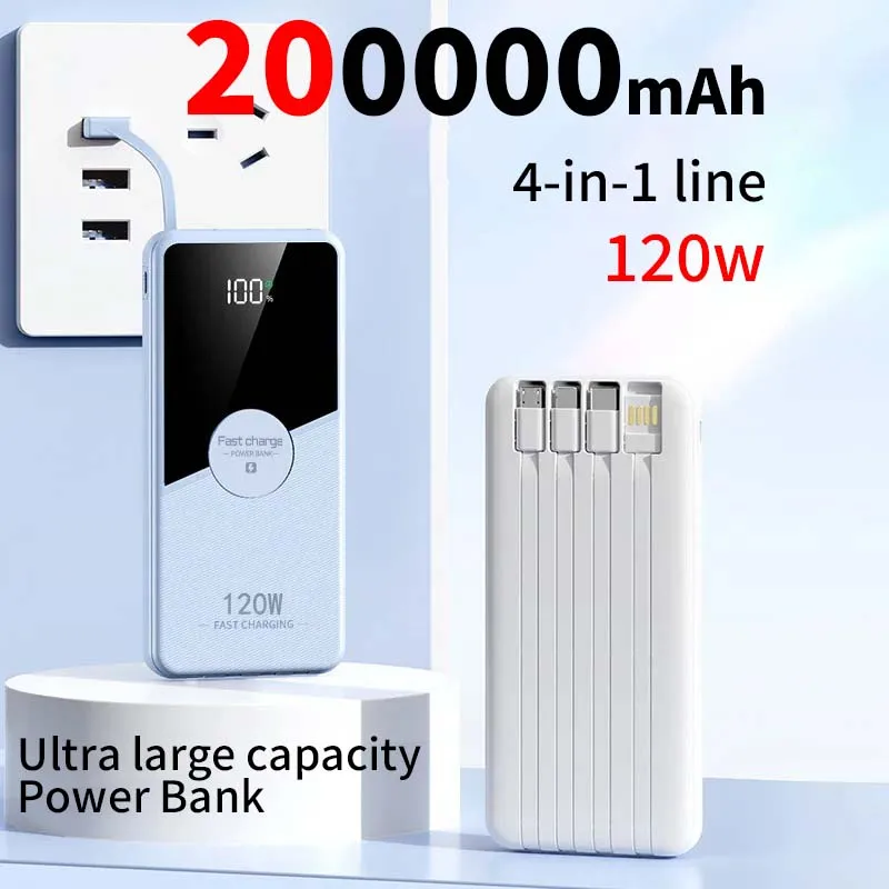 

200000mAh 120W Power Bank Fast Charging Powerbank Portable With 4 Wire Battery High Capacity Digital Display Power Bank Xiaomi