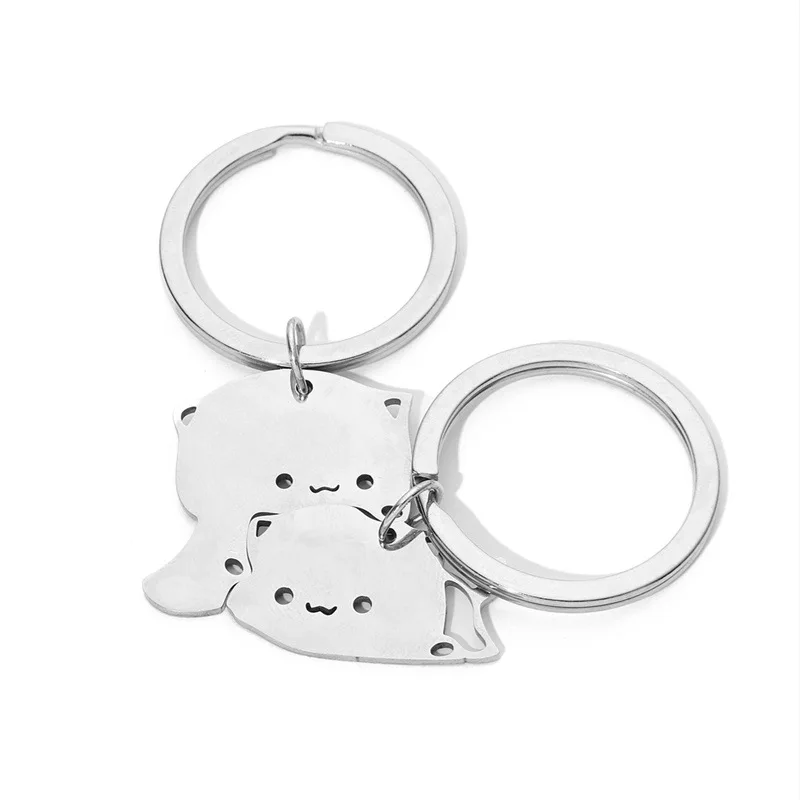 10 Pieces Cartoon Cat Stainless Steel Keychain Pendant for Ladies, Bag Car Key Pendant Carving Valentine's Day Gift