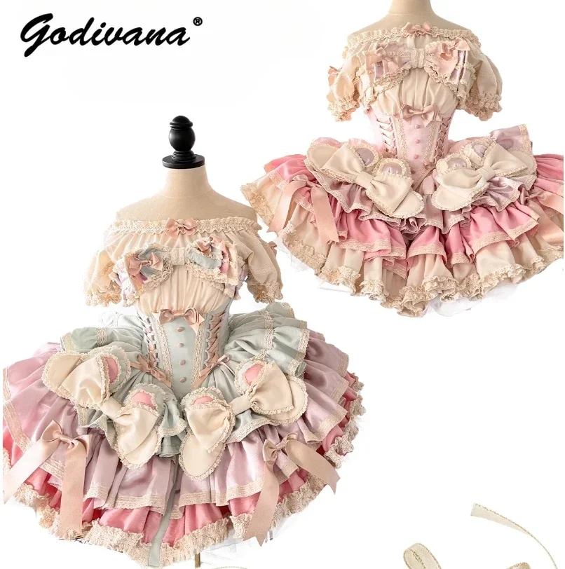 New Birthday Gift Cosplay Lolita Dress Women Girls Sweet Big Bow Strapless Princess Dresses 2024 Spring Summer Party Dress