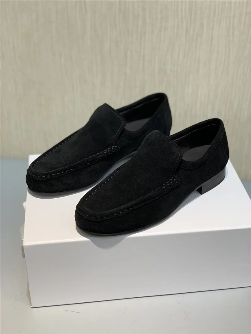 Spring Autumn T**ROW Women\'s Flat Shoes Solid Suede Casual Loafers For Woman Black Slip-on Shoes