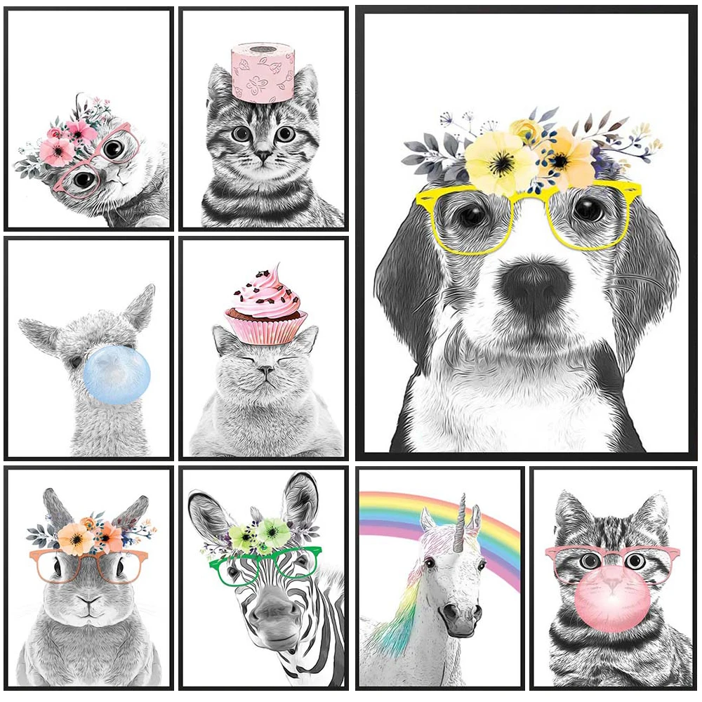 

Cartoon Animal Flower Dog Glasses Cat Nursery Poster Wall Pictures For Living Room Wall Art Canvas Painting Home Decor Unframed