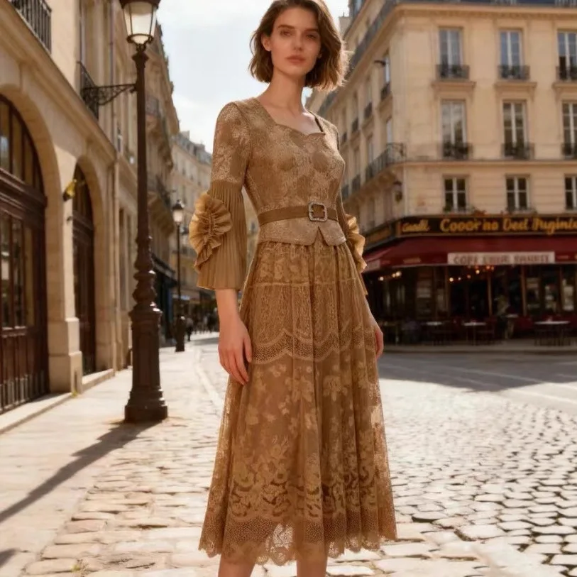 

Новинка осени 202, кружевное сетчатое платье с v-образным вырезом и вышивкой, искусственное платье из двух частей, длинное женское платье