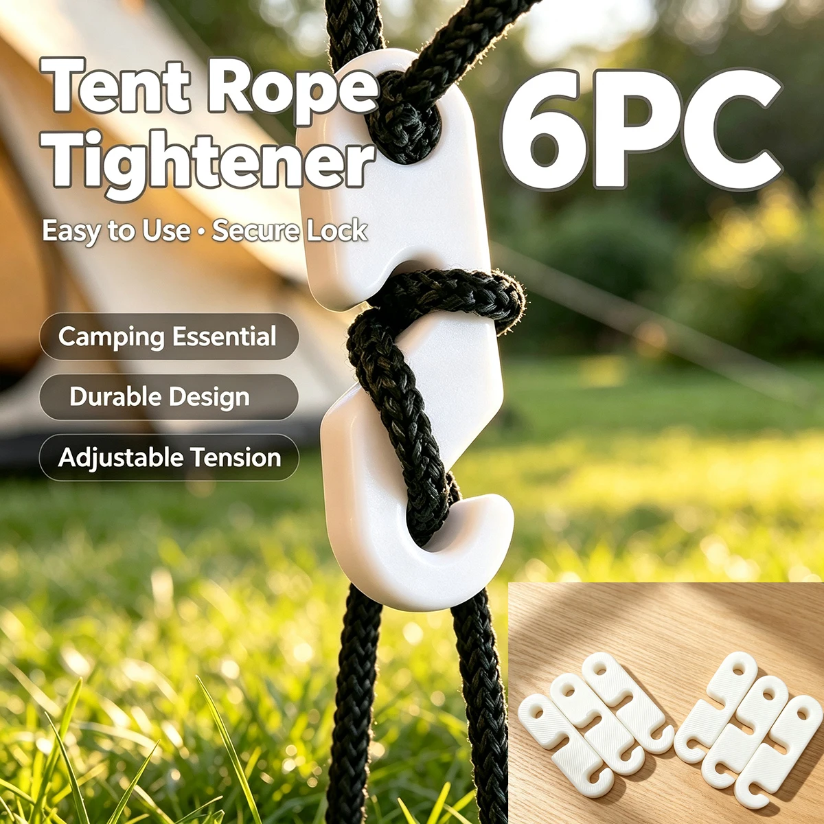 6Pc White Tent Wind Rope Buckle Outdoor Canopy Drawstring Adjustment Clip Camping Rope Fastener Windproof Rope Tightening Accessories