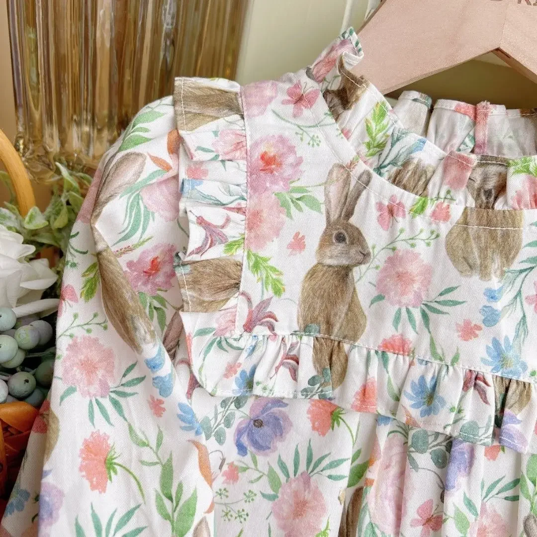 

Модные детские весенне-осенние платья для девочек, Vestidos, детская одежда, платье принцессы на день рождения с цветочным принтом и кроликом для маленьких девочек 2025 года