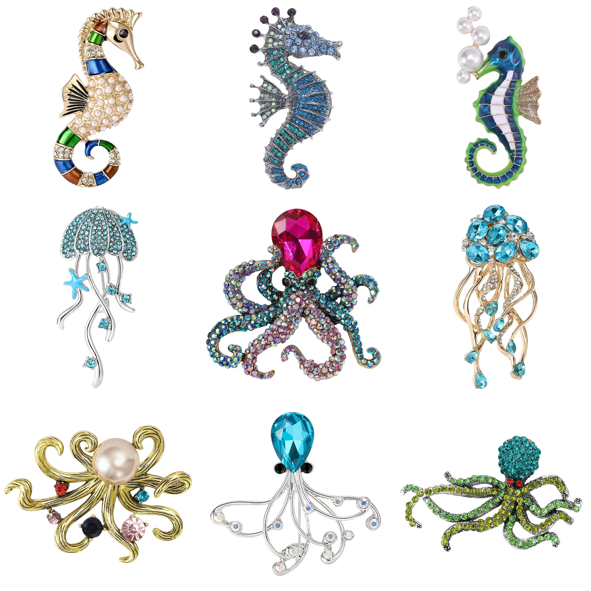 Rhinestone Jellyfish Seahorse Brooches for Women Unisex Glass Sea Life Pins Office Party Friend Gifts Jewelry Accessories