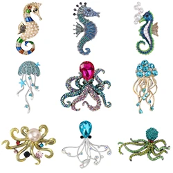 Rhinestone Jellyfish Seahorse Brooches for Women Unisex Glass Sea Life Pins Office Party Friend Gifts Jewelry Accessories