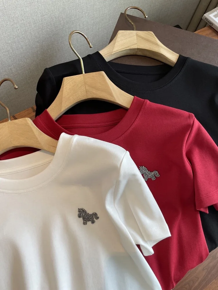 High Quality Recommended Spring 2026 Basic Style Fleece Short Sleeve T-Shirt Women's Embroidered  Design Comfort Fit Cot...
