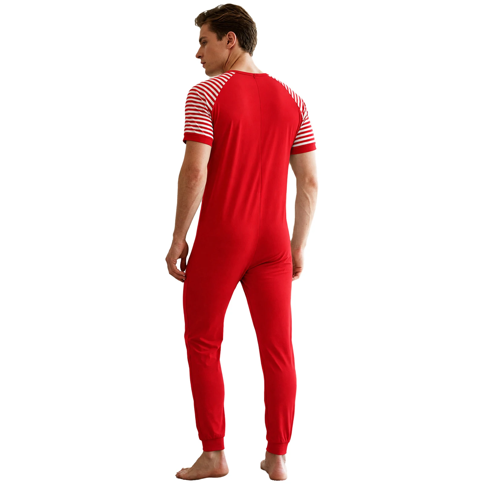 Men Pajamas Jumpsuit Nightwear Loungewear Homewear Striped Short Sleeves Zipper Bodysuit
