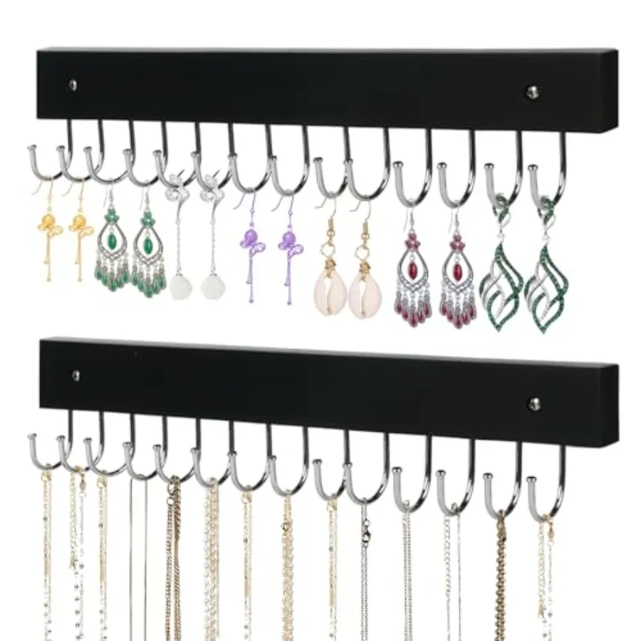 

Necklace Holder Wall Mounted Jewelry Organizer - 2 Pack Wooden with 28 Hooks, Hanging Earring and Ring Bracelet Storage, Decora