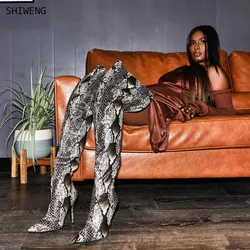 2025 Sexy Women Snake Skin Leather Python Big Calf Pointed Toe Zipper Back Stiletto Heels Over The Knee Thigh Long Boots Shoes