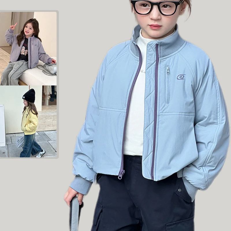 

Girl Light Cotton Clothes Girl Keep Warm Windproof Stand Collar Short Style Cotton Coat Coat Unhooded Kids Cardigan