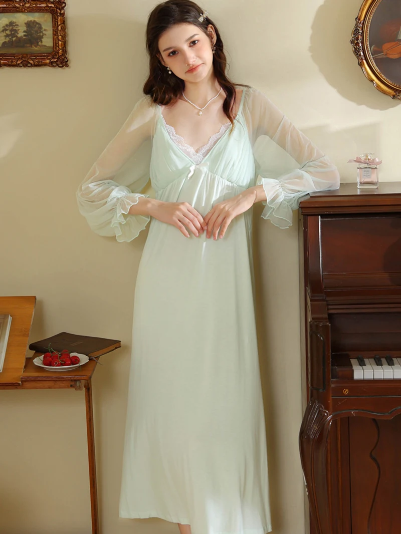 Women Ladies Fairy Ruffles Silk Princess Nightgown Summer French Sweet Vintage Princess Mesh Long Sleeve Nightwear Sleepwear 2