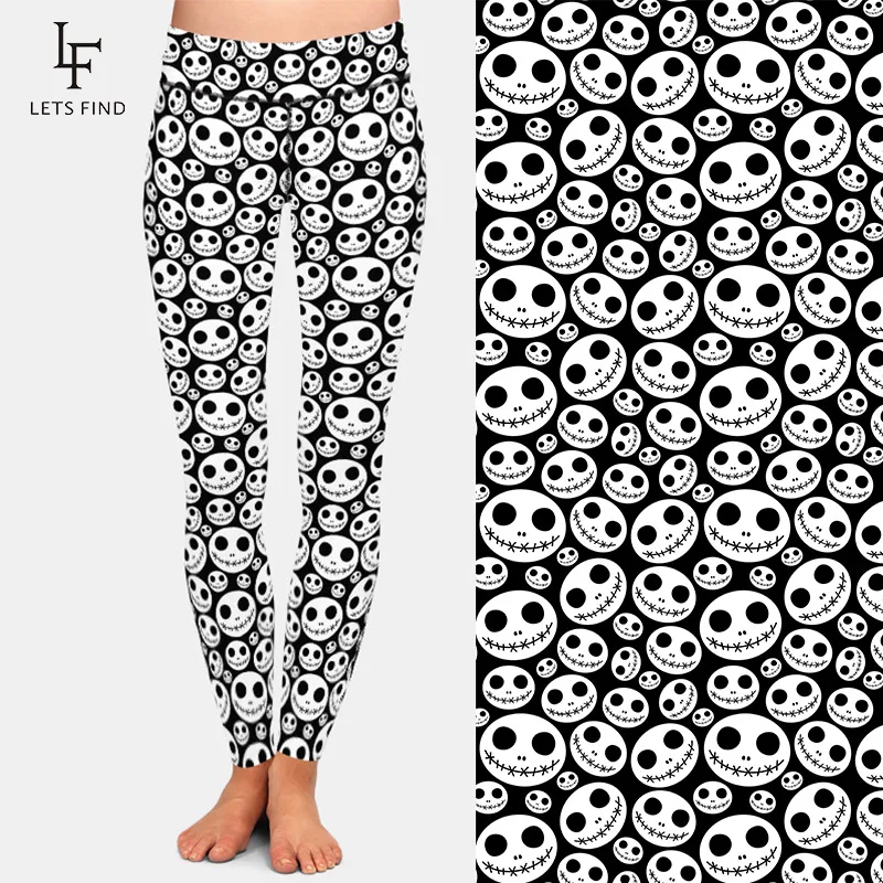 LETSFIND 2020 3D Halloween Pattern with Skeleton Faces Digital Print Leggings High Waist Soft Women Fitness Leggings