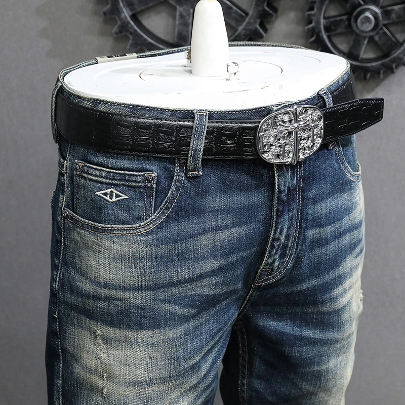 Newly Vintage Fashion Men Jeans Retro Blue Elastic Slim Fit Ripped Jeans Men High Quality Trousers Casual Designer Pants Hombre