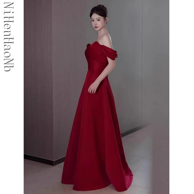 Red Satin Quinceanera Dresses Women Boat Neck Off The Shoulder Evening Dresses Elegant  A-Line Cocktail Gown