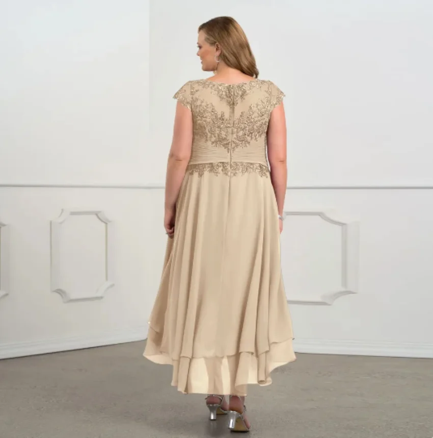 Enkellange chiffon bruiloftsjurken met korte mouwen en kant Robe De Soiree Nieuwe champagne moeder van de bruidjurken voor dames