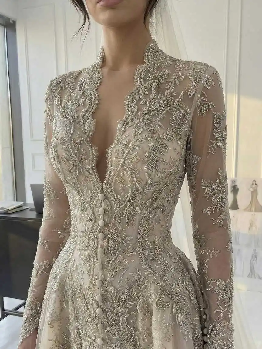 Princess Bridal Gowns Deep V Neck Long Sleeve A Line Wedding Dresess Beaded Appliques Vestidos De Novia Customized