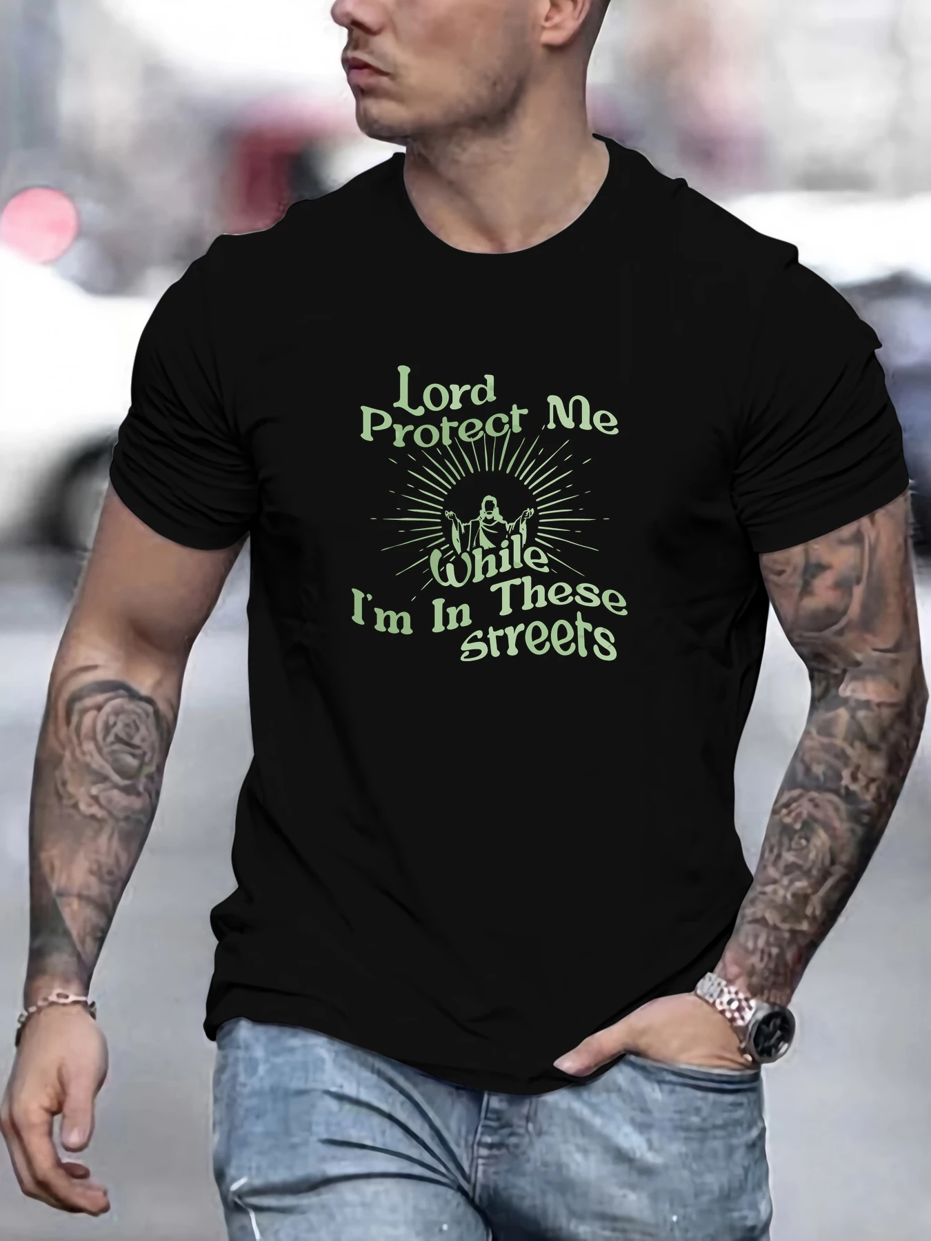 

Male Lord Protect Me While I'm In These Streets Pattern Summer Casual Crew Neck Short T-Shirt
