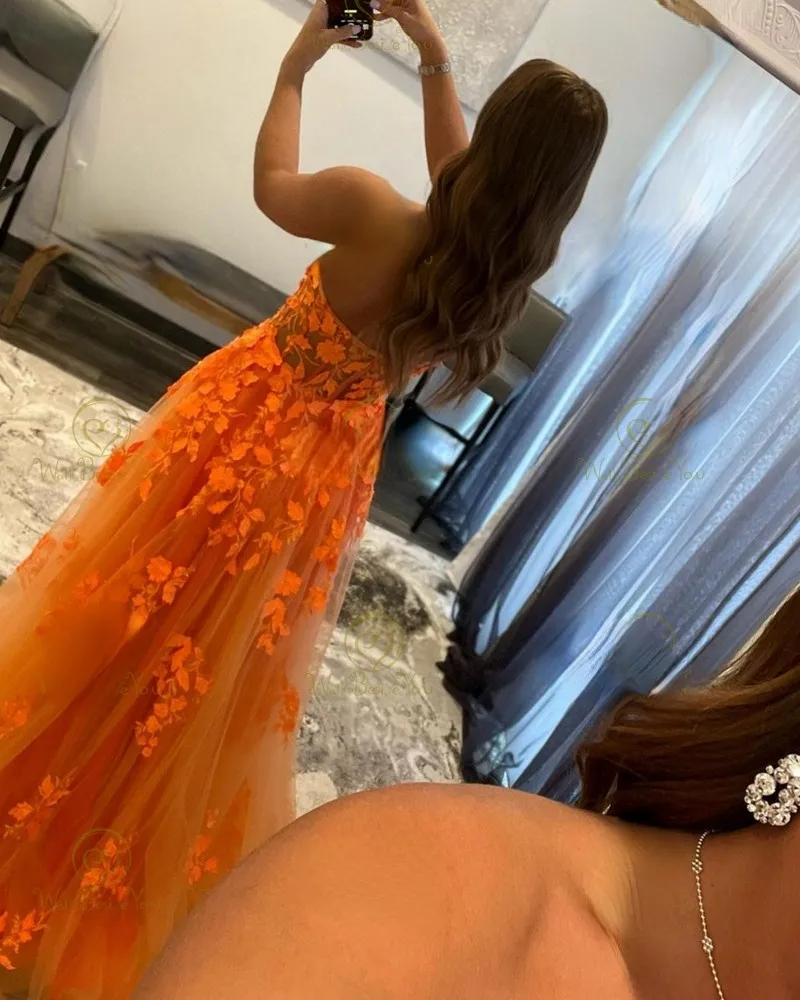 Orange Illusion Sweetheart Strapless Tulle A Line Sweep Train Evening Gowns Graduation Party Lace Appliques Prom Dresses 2023