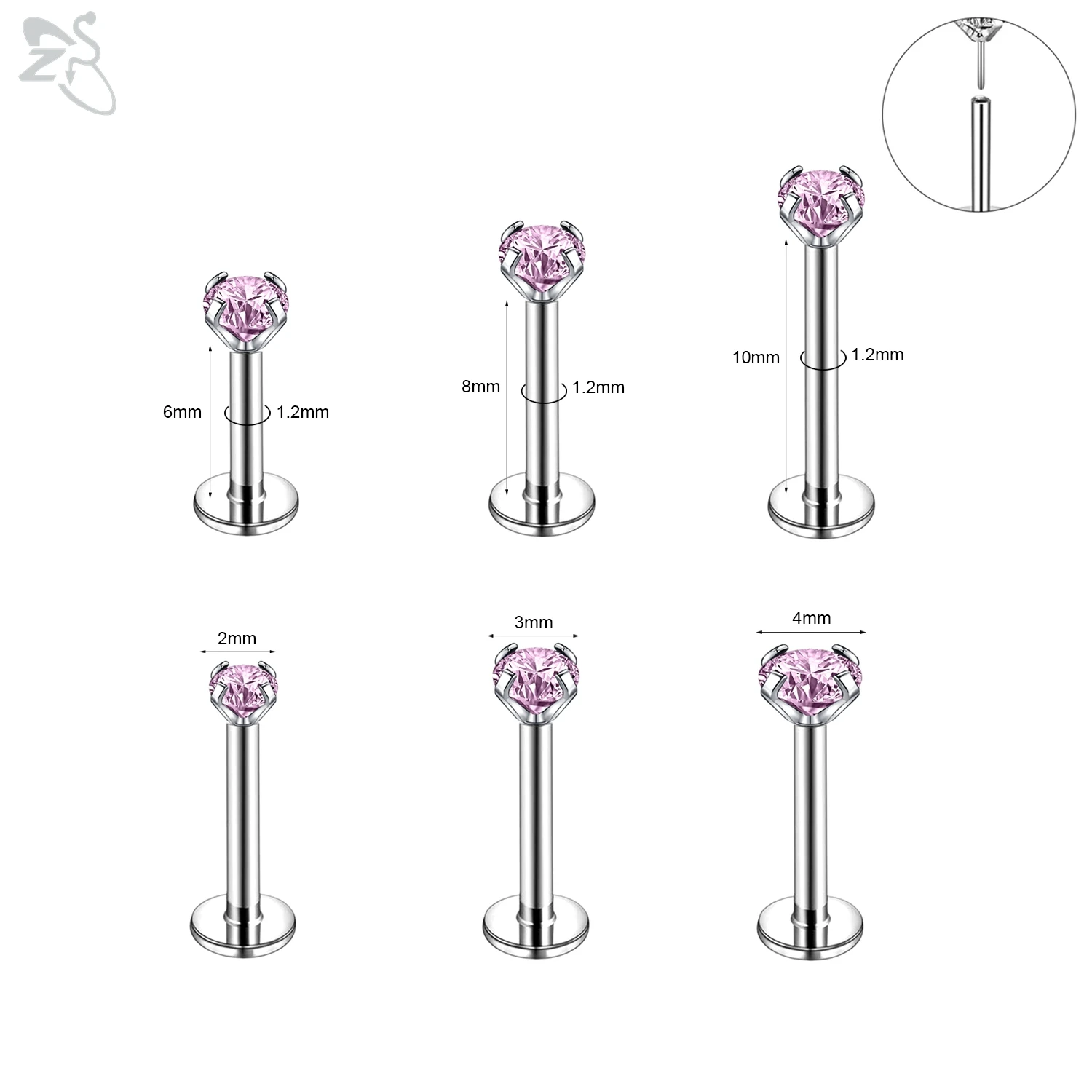 ZS 6 Pçs/lote 16G Plug-In Estilo Aço Inoxidável Labret Lip Piercing 2/3/4MM CZ Cristal Lip Stud Brinco Piercings Jóias 6/8/10MM