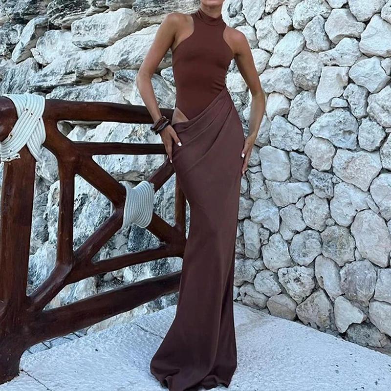 Fashion 2025 Hollow-out Skinny One Piece Dress Women Sexy Turtleneck Asymmetric Banquet Dress Show Style Patchwork Party Dress