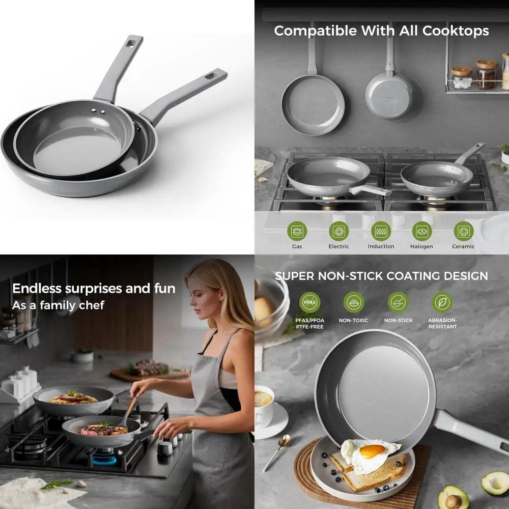 

Non-Toxic Non-Stick Cookware Set, 8 & 10 Inch Pans, PFAS and PFOA Free, Safe for Induction and Dishwasher Use, Ideal for Healthy
