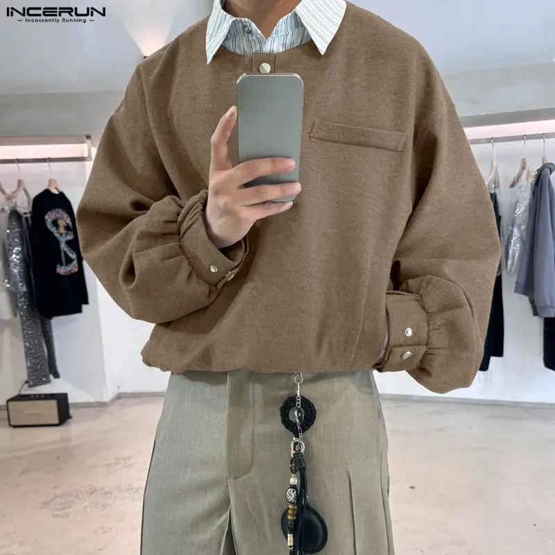 

INCERUN Мужская рубашка в полоску в стиле пэчворк с лацканами и длинными рукавами, свободная мужская одежда, уличная одежда, модные повседневные топы в корейском стиле, мужские рубашки