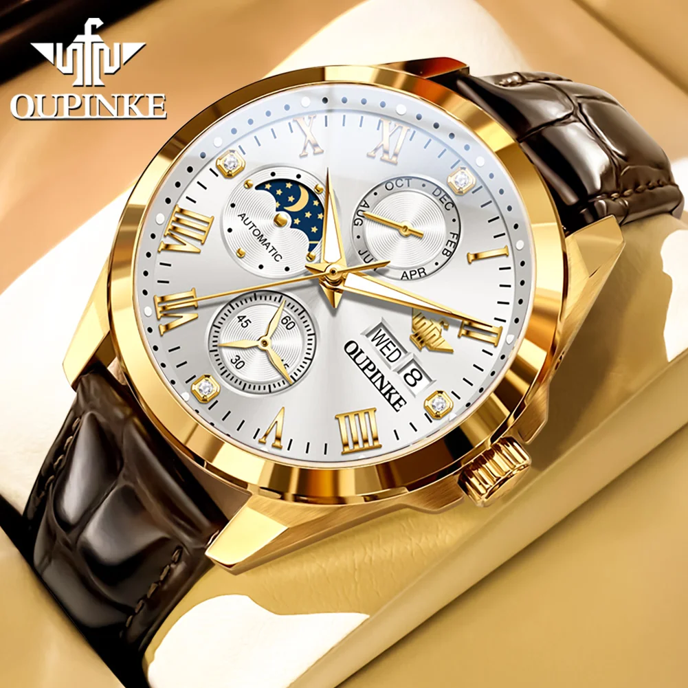 OUPINKE Men's Watches Casual Fashion Leather Strap Top Brand Original Automatic Mechanical Wristwatch Waterproof Moon Phase Date