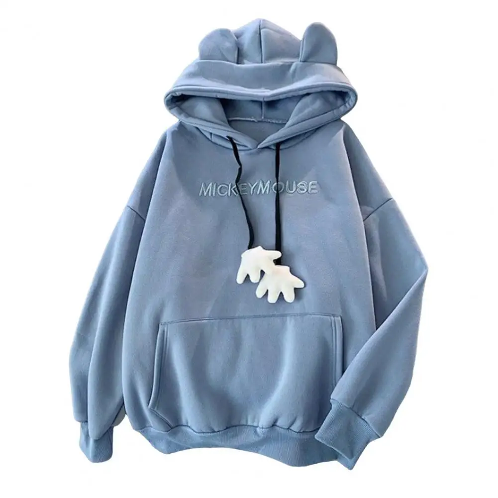 Cute Fall Winter Women Hoodie Cartoon Ear Decor Drawstring Pocket Thick Loose Pullover Warm Letter Embroidery Sweatshirts Top