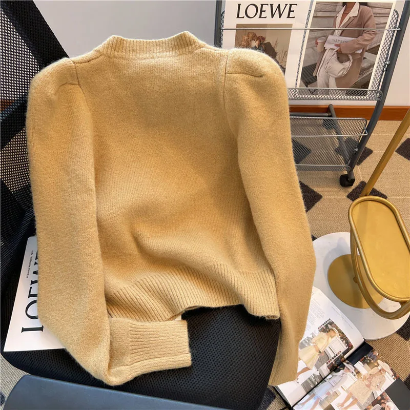 Green Pink Camel Autumn/Winter New Metal Button Fragrant Style Long Sleeve Round Neck Bubble Sleeve Cardigan Sweater Coat