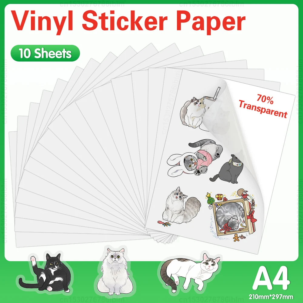 ورق لاصق فينيل شفاف قابل للطباعة ، مقاوم للماء ، ذاتي اللصق ، نسخة بيضاء لامعة ، جميع طابعة نافثة للحبر ، 10 أوراق ، A4