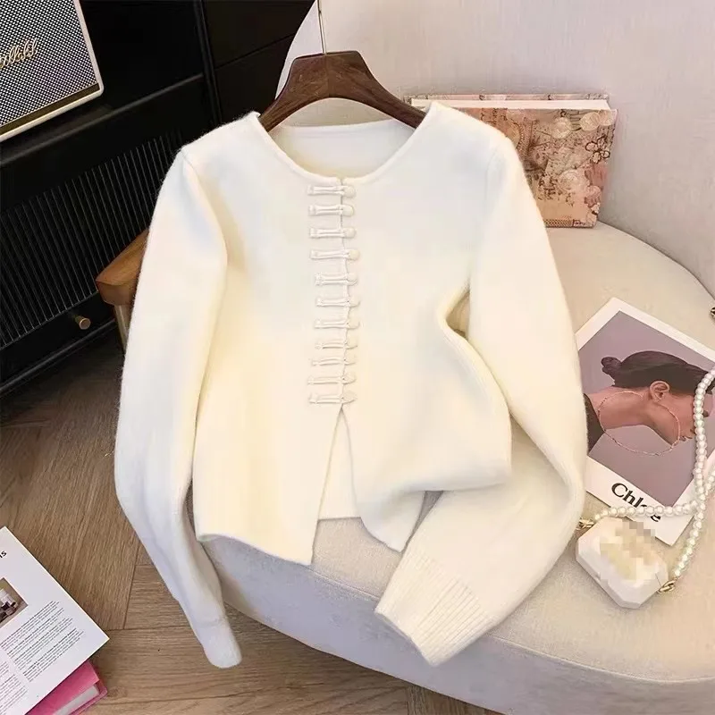 Cárdigan con botones de rana de estilo chino para mujer, suéter de punto suave, chaqueta, versátil y perezosa, otoño 2025