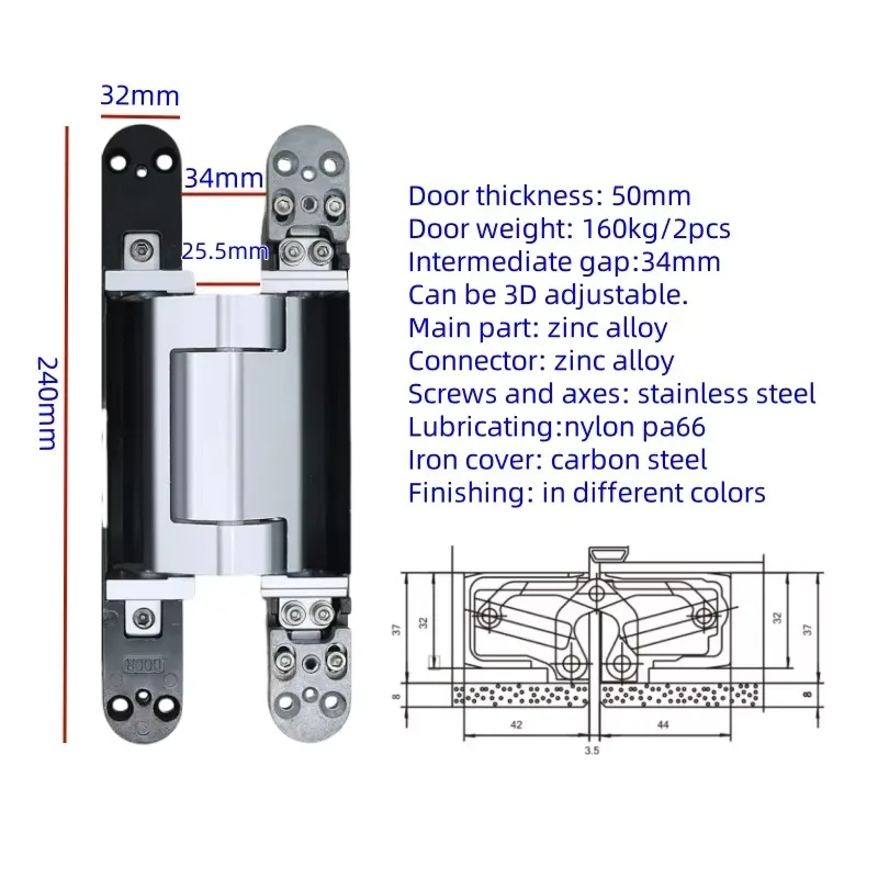 Style Zinc Alloy Hidden Heavy Duty 160KG 3D Invisible Adjustable Concealed Hinge for Heavy Duty Gate Wooden Swing Door - view 6