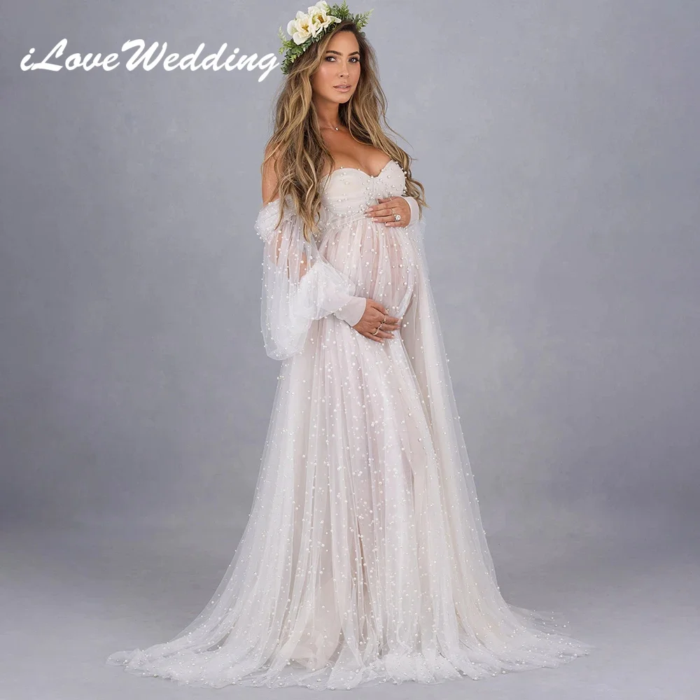 ILoveWedding Pearl Beading Maternity Dresses Photography Robes Off Shoulder Sweetheart Tulle Pregnant Photo Shoot Long Sleeves