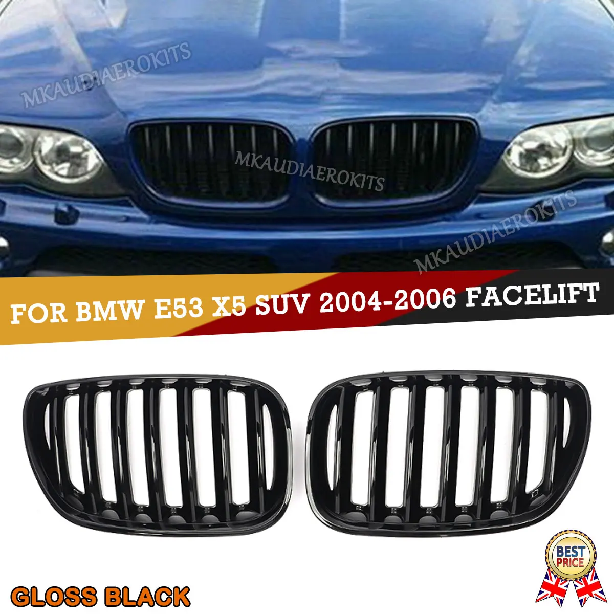 

2x Gloss Black Front Kidney Grilles For BMW X5 E53 2004-06 Facelift 51137113733