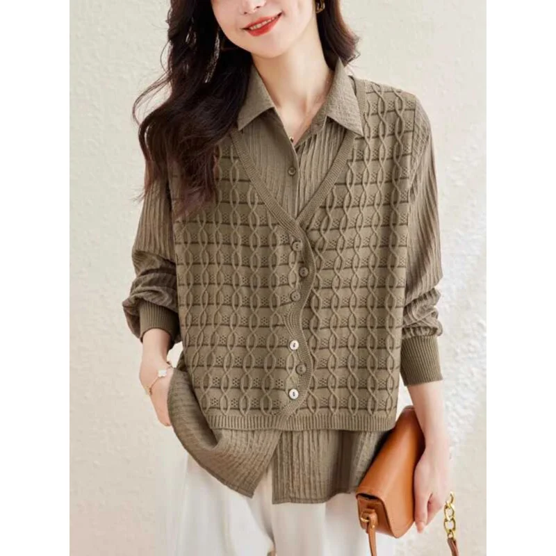 

Женский новый модный искусственный двухсекционный топ, базовый слой, трикотаж, весенне-осенний свитер, лоскутная рубашка