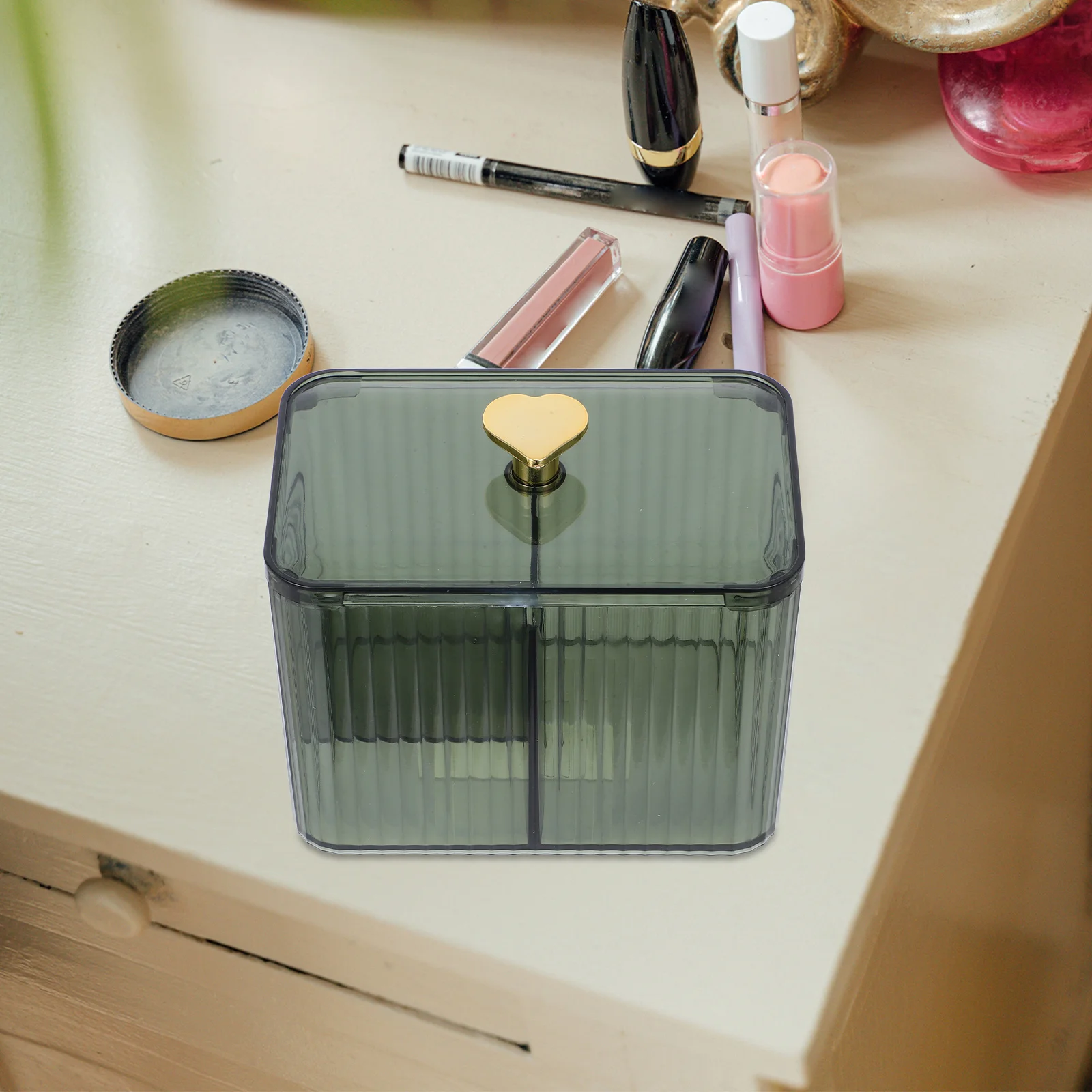 حامل وسادة قطنية، منظم مكياج شفاف، مقصورات مقسمة، تخزين أحمر الشفاه، مسحات قطنية، حاوية تخزين الحمام