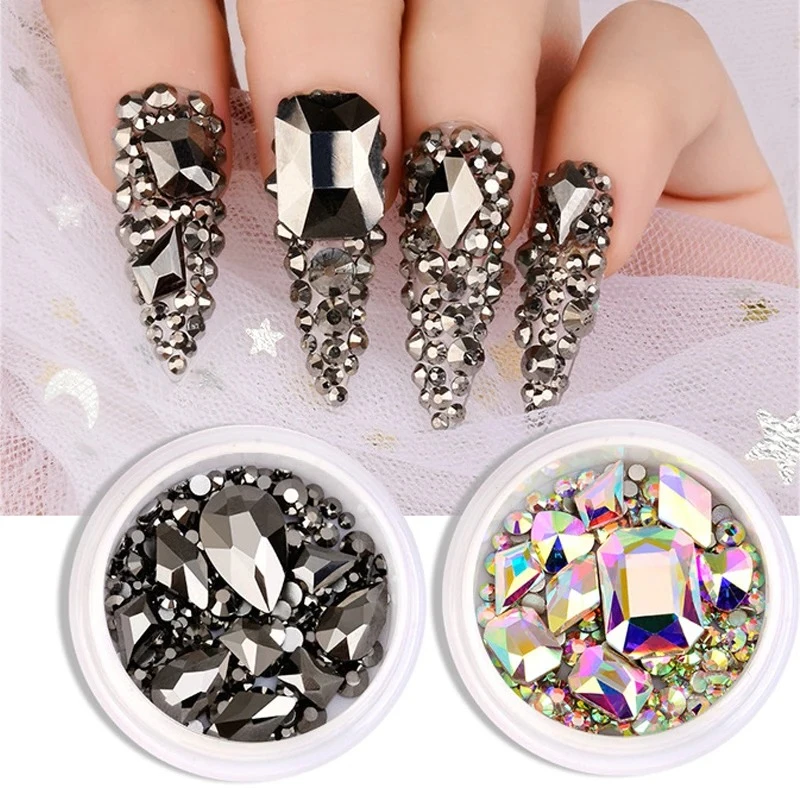1 Box Mixed-Shaped Round Nail Art Charms Sparkly Flatback Gold/Red Mini Rhinestones Nails Art Decorations Gems Diamond Wholesale