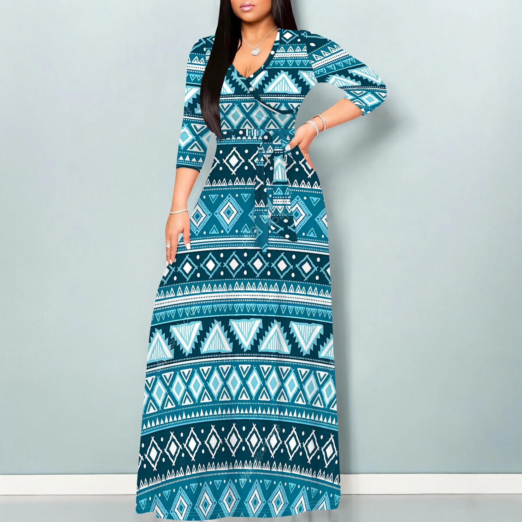 

EQQZD 3/4 Sleeve V-Neck Maxi Dress, Bohemian-Style Pattern Print Dress w/Waistband, Casual & Stylish Dress