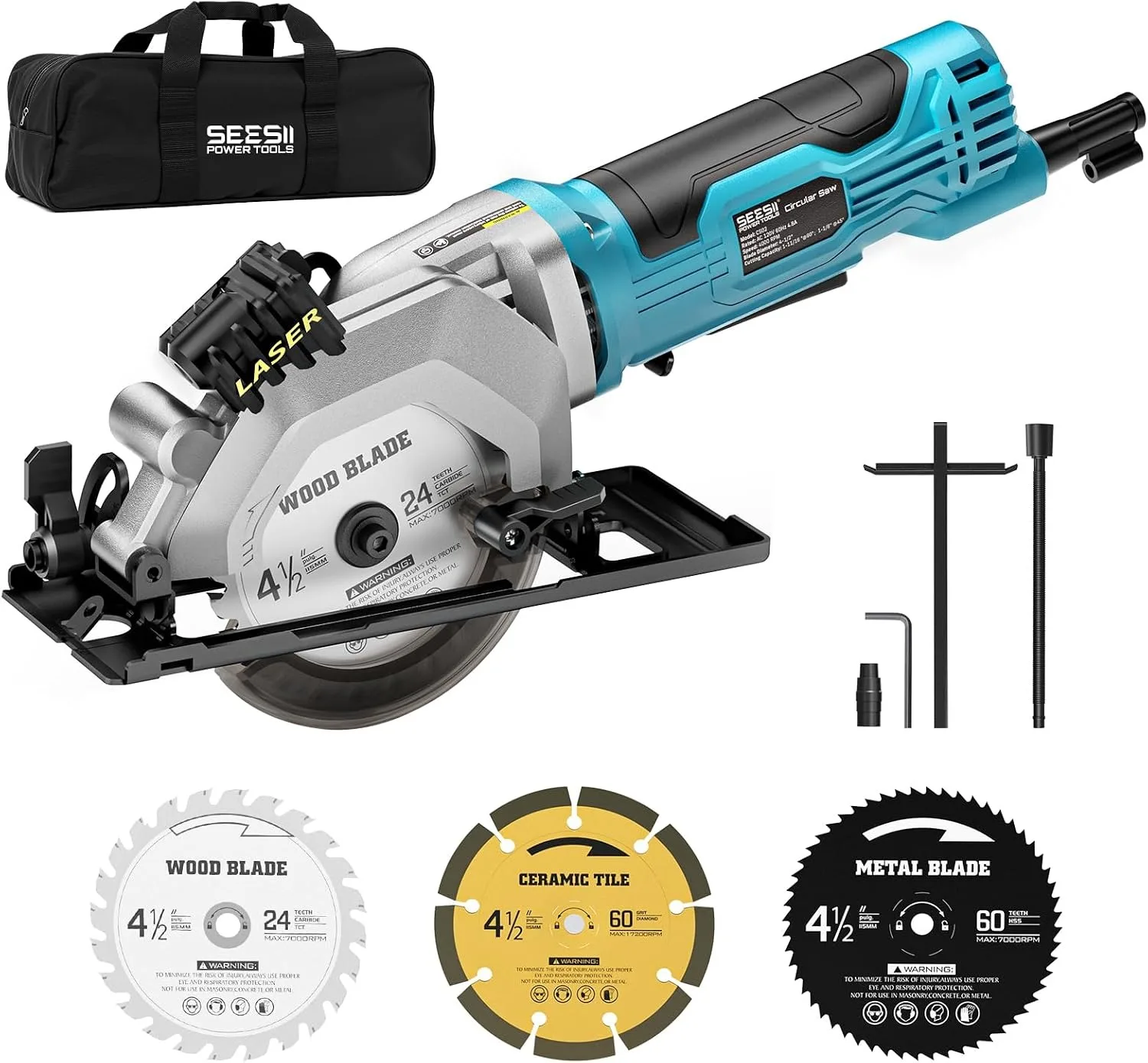 SEESII Mini Circular Saw 4.8A 4000RPM Corded Compact 4-1/2' Saw with Laser 45° Bevel Cut and Dust Extraction for Wood Metal Tile Cutting