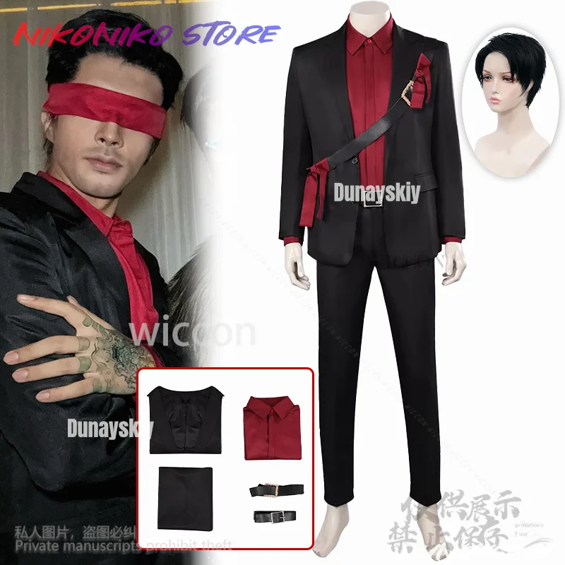 อะนิเมะเกม Mortal Kombatสีแดงเสื้อสีดําเสื้อกางเกงกระเป๋าวิกผม Kenshi Takahashi เครื่องแต่งกายสําหรับปาร์ตี้ฮาโลวีนที่กําหนดเอง