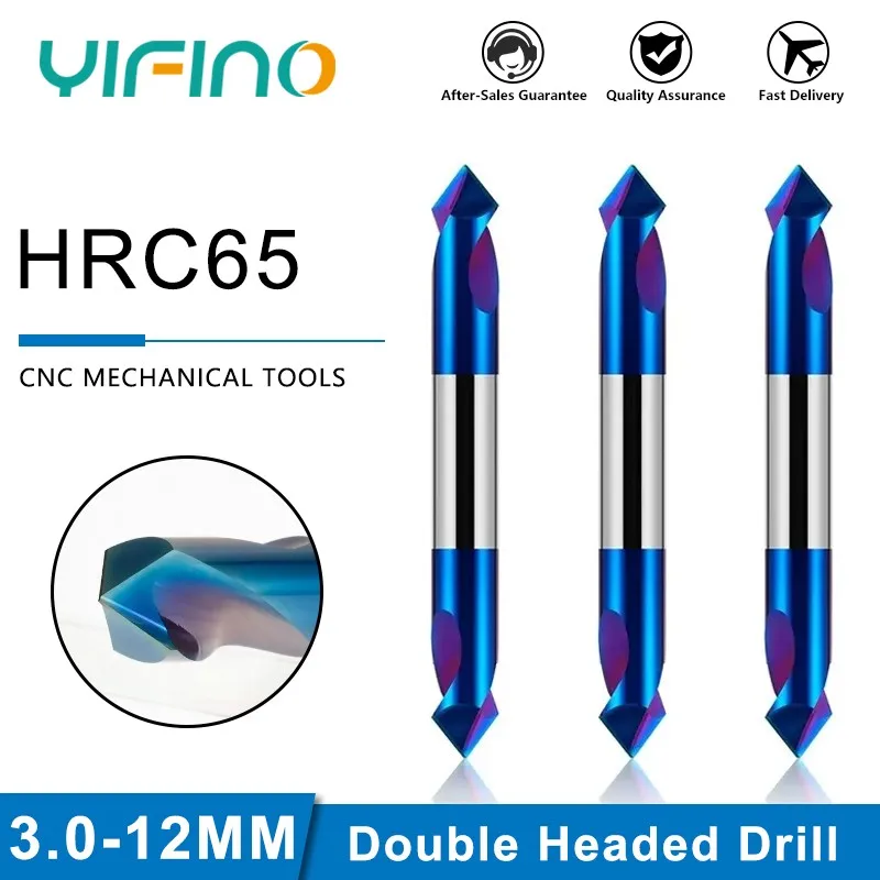 YIFINO Blue Nano Coating Tungsten Steel Carbide HRC65 2-Flute Double Headed Fixed Point Drill CNC Mechanical Drill Bit Tools