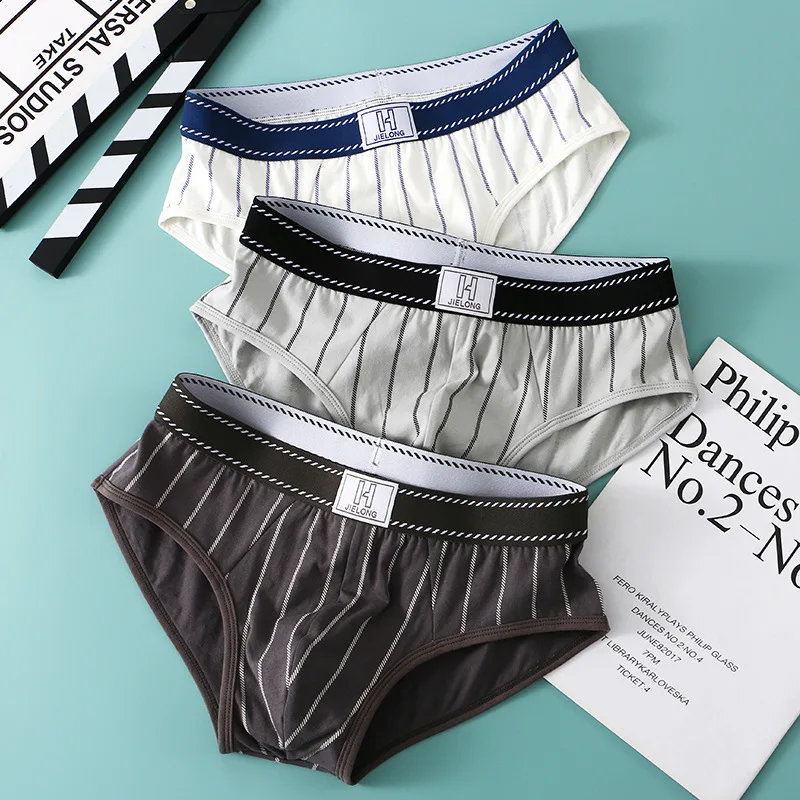 Men's U Convex Pouch Underwear for Young People Striped Cotton Mid Waist Brief Pant Student Plus Size Breathable Bottom Lingerie