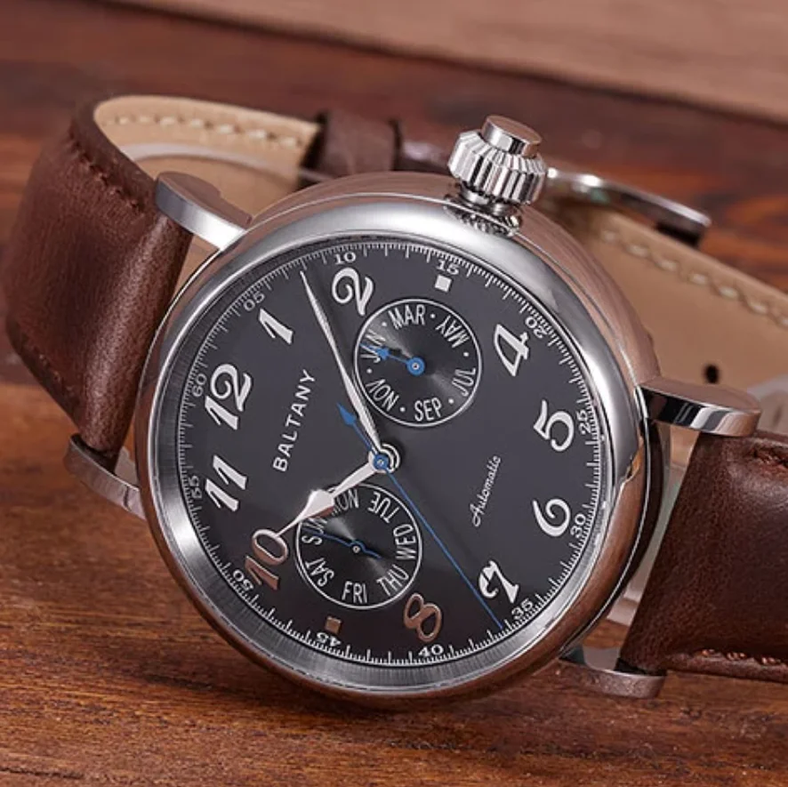 Baltany Men Automatic Watch Pilot 41mm Mechaical Wristwatch Sapphire Mirror Stop Second Waterproof Miyota 9122 Month Week
