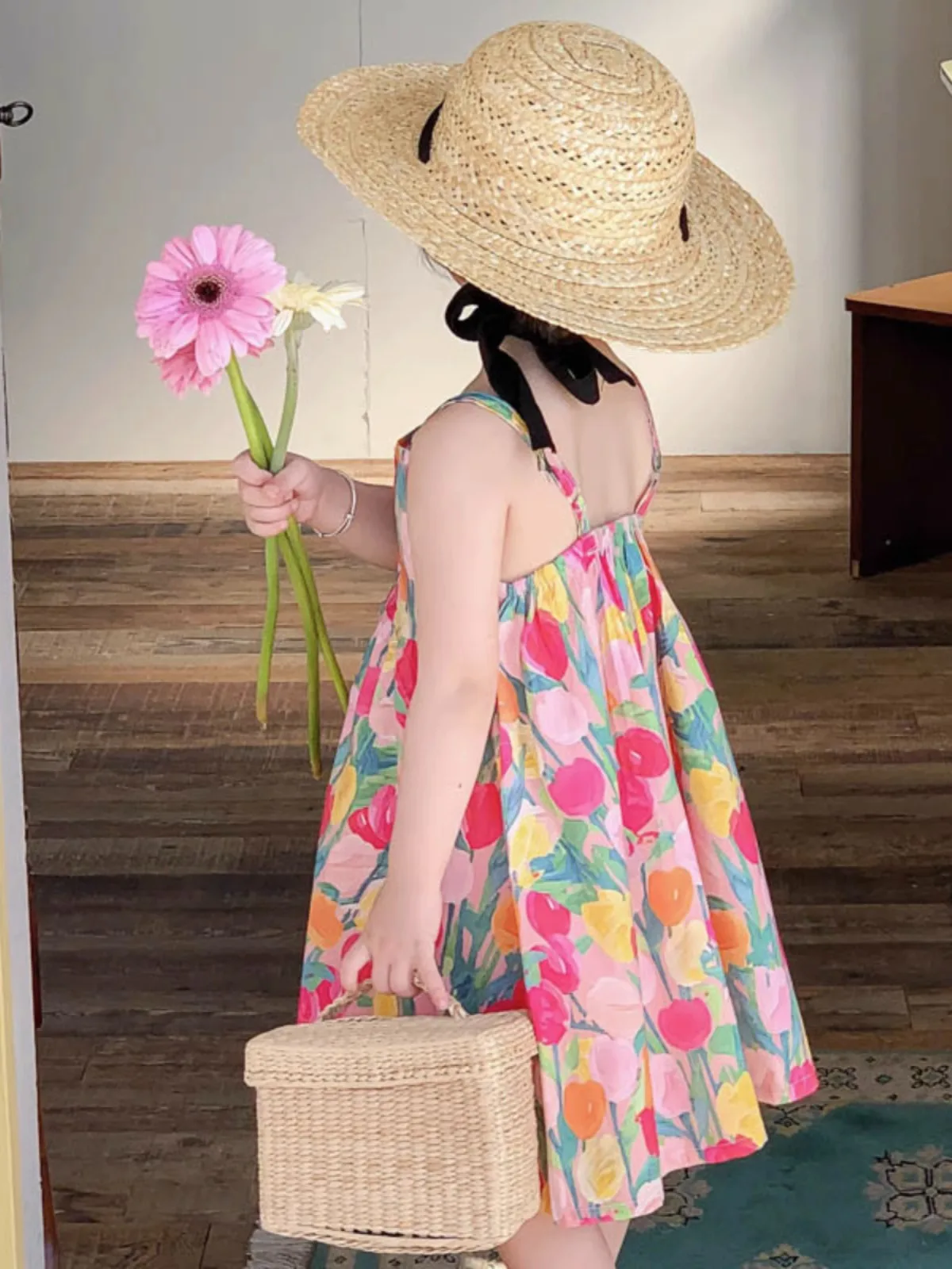 n Beach Dr للفتيات الصيف الكورية Sle حزام سترة Dr عطلة ارتداء الأزهار طباعة قطعتين مجموعة للأطفال