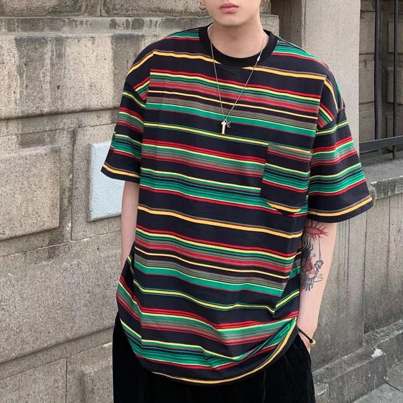 Vintage Striped Print Men Short Sleeve T Shirts Loose Casual Harajuku Oversized Couples Clothing Fashion Hip Hop Punk Streetwear