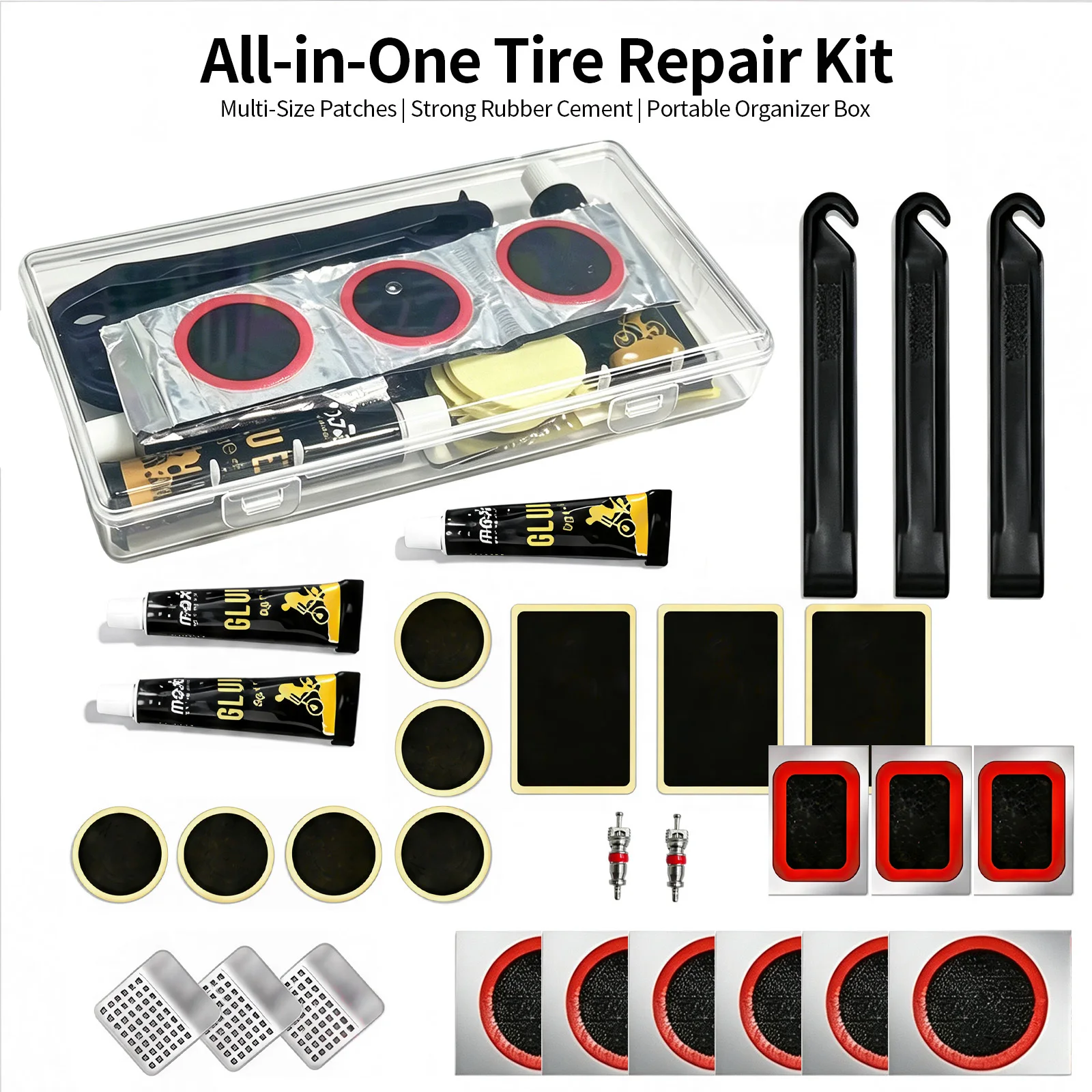 Motorcycle Tire Repair Kit Multi-Size Patches Tire Levers Metal Scraper Valve Cores Clear Organizer Box Motorbike Scooter
