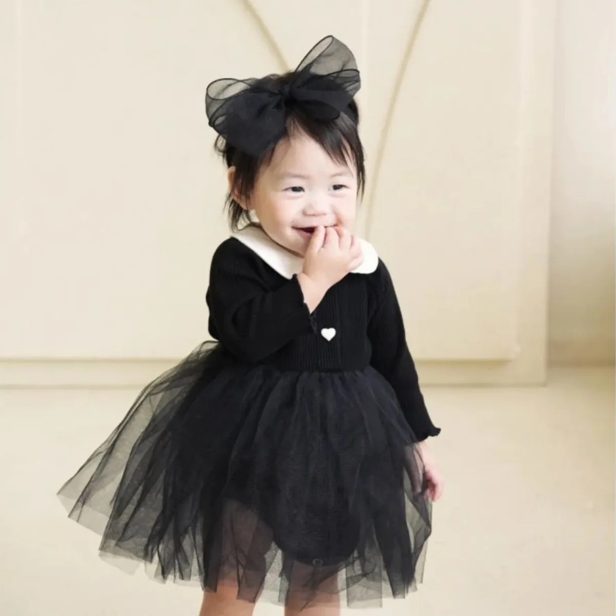 

2026 Spring New Baby Girl Long Sleeve Dress Solid Girls Lapel Princess Mesh Dress Infant Cotton Ribbed Dress Toddler Clothe