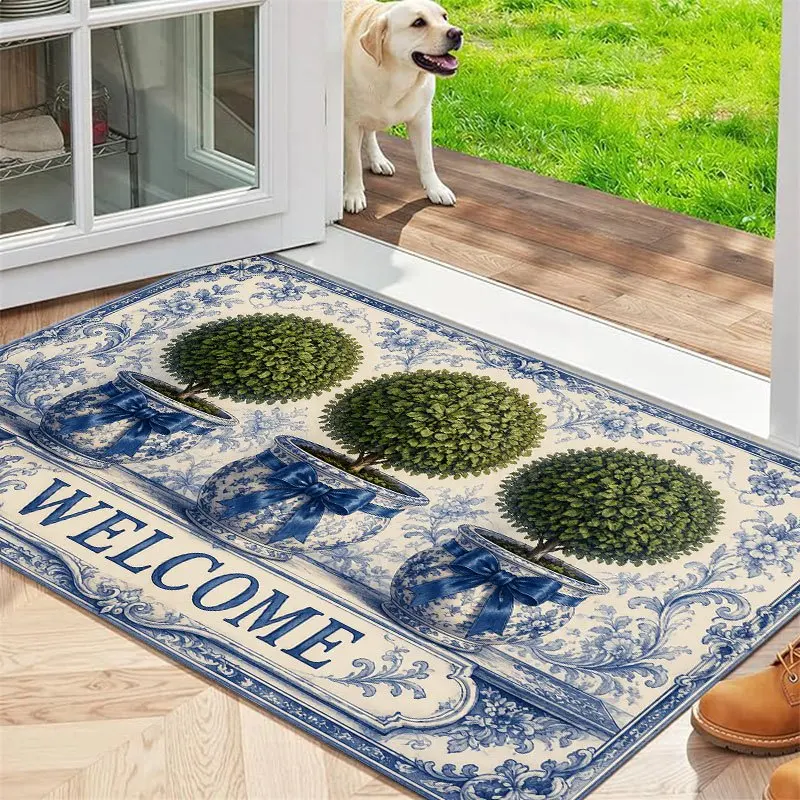 1pc Welcome Doormat Topiary Print Flannel Material Non-Slip Comfortable Easy Clean Perfect for Bedroom Living Room Or Home Decor Entrance Mat Kitchen Bathroom
