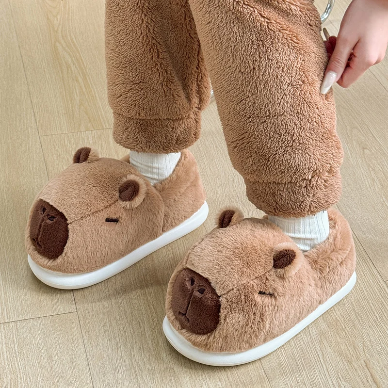 Winter Warm 3D capybara Cartoon Furry Women Plush Slippers Thick Furry Ankle Wrap Men Lady Couple Home Cotton Shoes